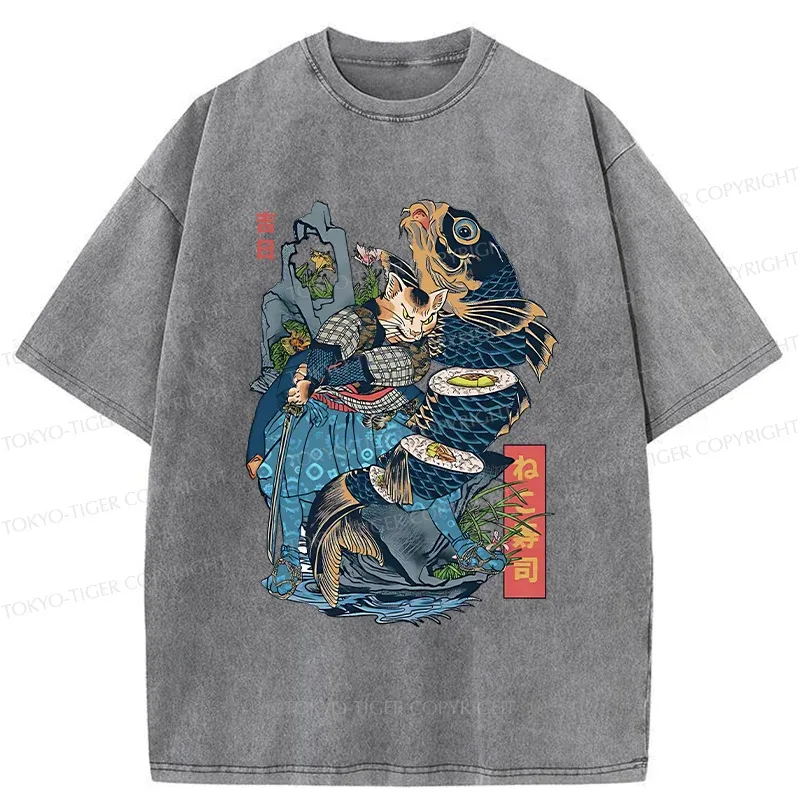 Tokyo-Tiger Funny Cat Kills Fish Washed T-Shirt