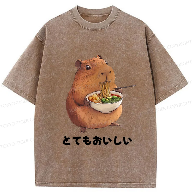 Tokyo-Tiger Capybara Eating Japanese Ramen Washed T-Shirt