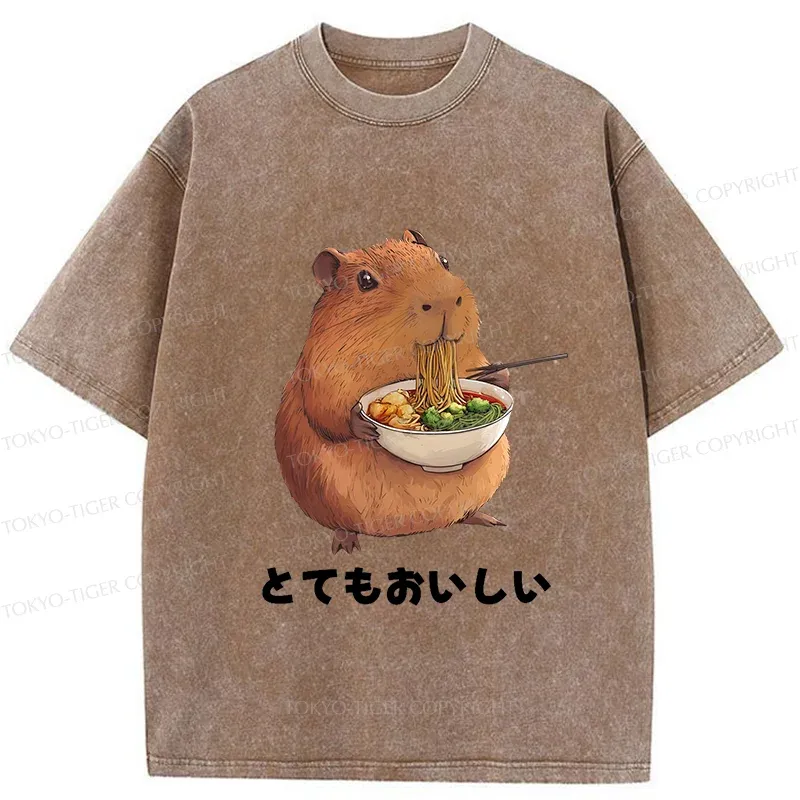 Tokyo-Tiger Capybara Eating Japanese Ramen Washed T-Shirt