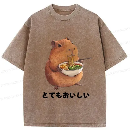 Tokyo-Tiger Capybara Eating Japanese Ramen Washed T-Shirt