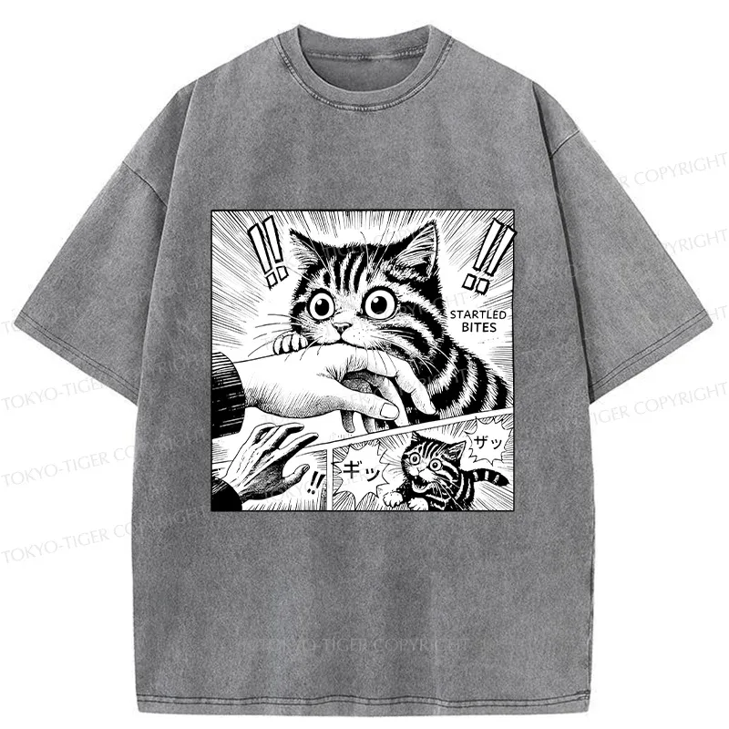 Tokyo-Tiger Cat Biting Funny Washed T-Shirt