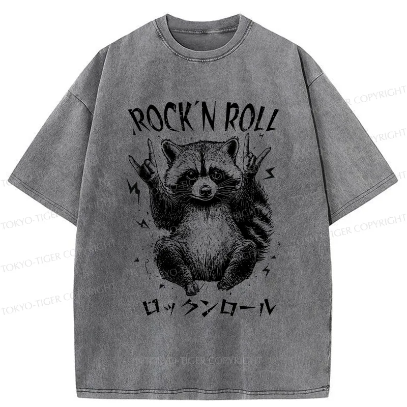 Tokyo-Tiger Funny Raccoon Rock And Roll Washed T-Shirt