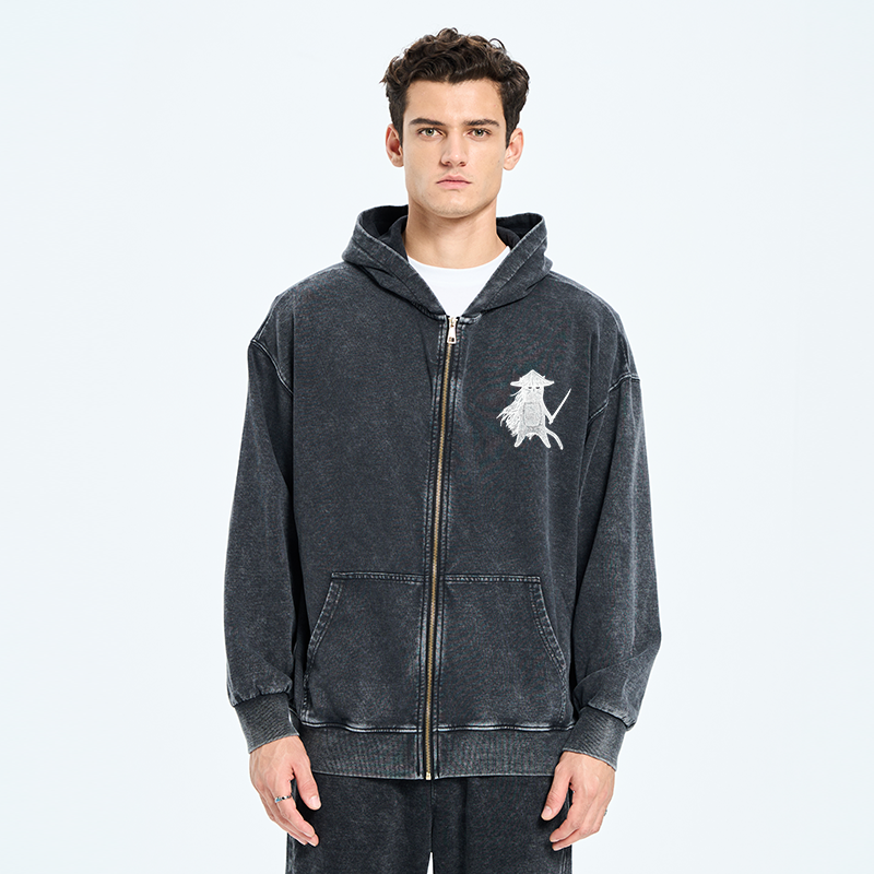 Tokyo-Tiger Japanese Samurai Cat Washed Zip Hoodie