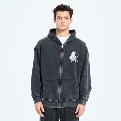 Tokyo-Tiger Japanese Samurai Cat Washed Zip Hoodie