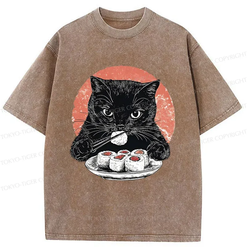 Tokyo-Tiger Cat Eating Delicious Sushi Washed T-Shirt