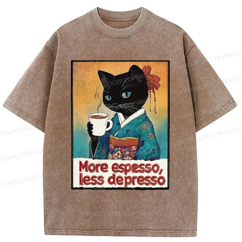 Tokyo-Tiger Japanese Cat Drinking Espresso Washed T-Shirt