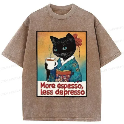 Tokyo-Tiger Japanese Cat Drinking Espresso Washed T-Shirt