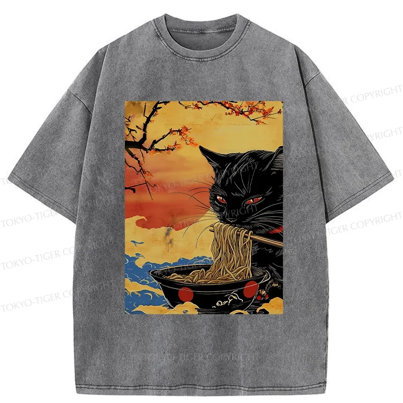 Tokyo-Tiger Cat Eating Ramen In The Sunset Washed T-Shirt