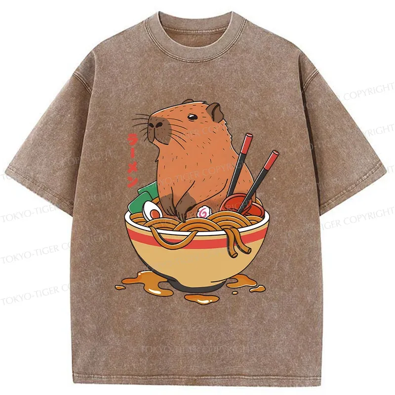 Tokyo-Tiger Capybara Ramen Funny Washed T-Shirt