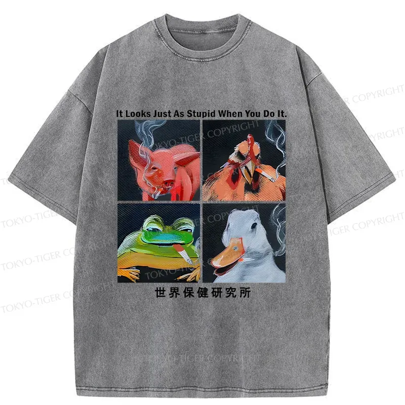 Tokyo-Tiger Smoking Animals Funny Washed T-Shirt