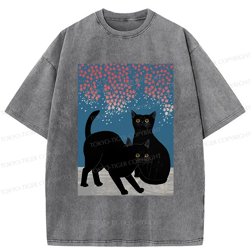 Tokyo-Tiger Black Cat Under The Sakura Washed T-Shirt