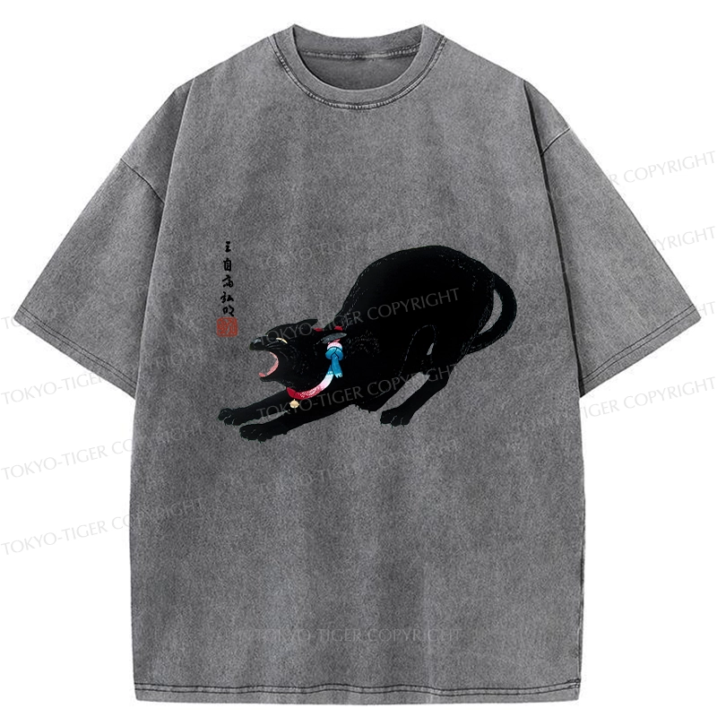 Tokyo-Tiger Cat Stretching Washed T-Shirt