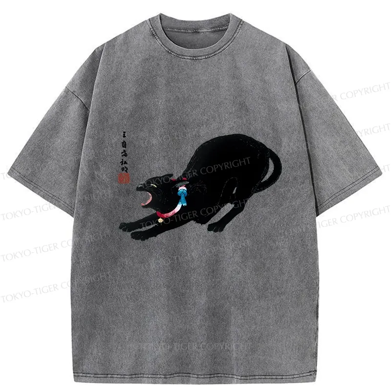Tokyo-Tiger Cat Stretching Washed T-Shirt