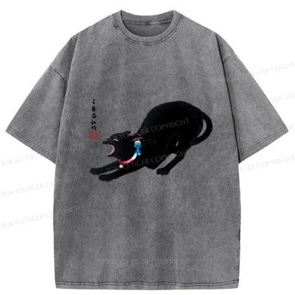Tokyo-Tiger Cat Stretching Washed T-Shirt