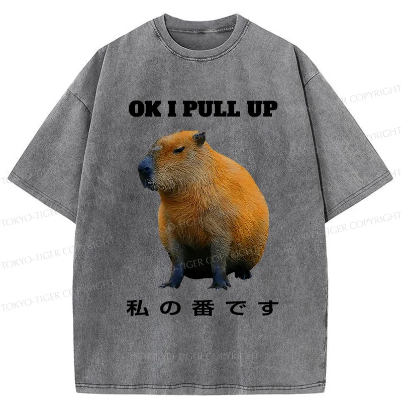 Tokyo-Tiger Ok I Pull Up Funny Capybara Washed T-Shirt