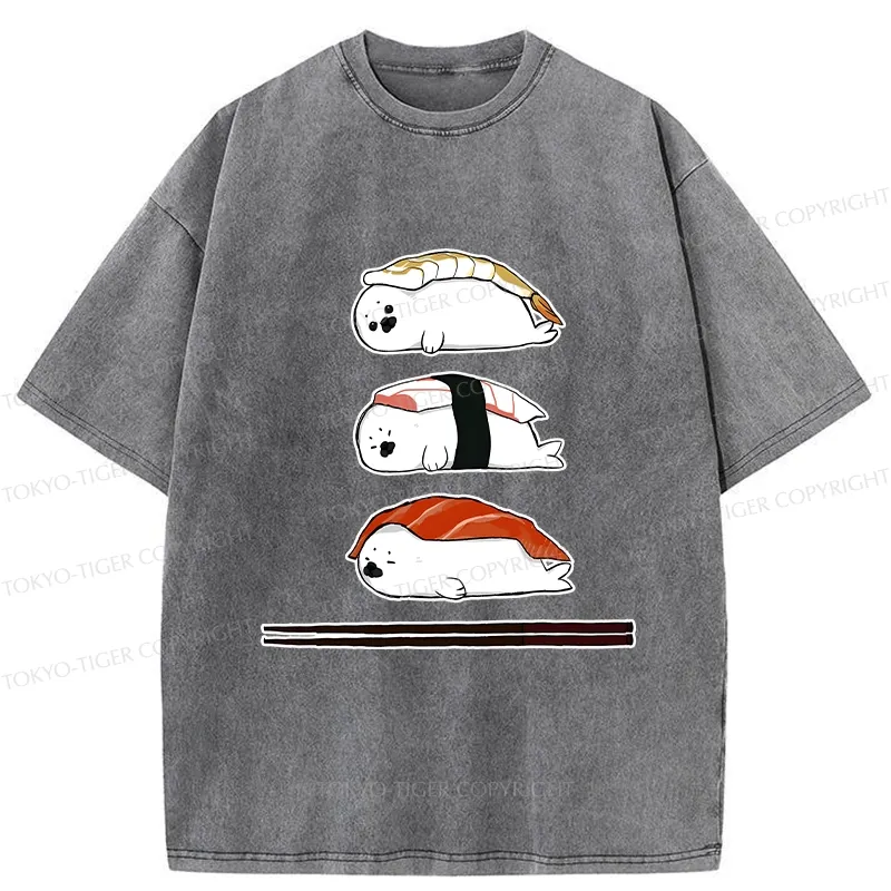 Tokyo-Tiger Cute Seal Sushi Washed T-Shirt Sale