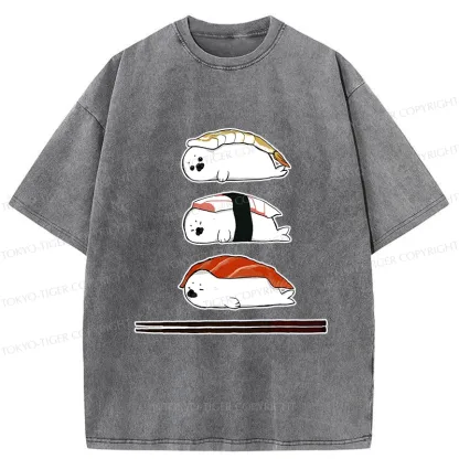 Tokyo-Tiger Cute Seal Sushi Washed T-Shirt