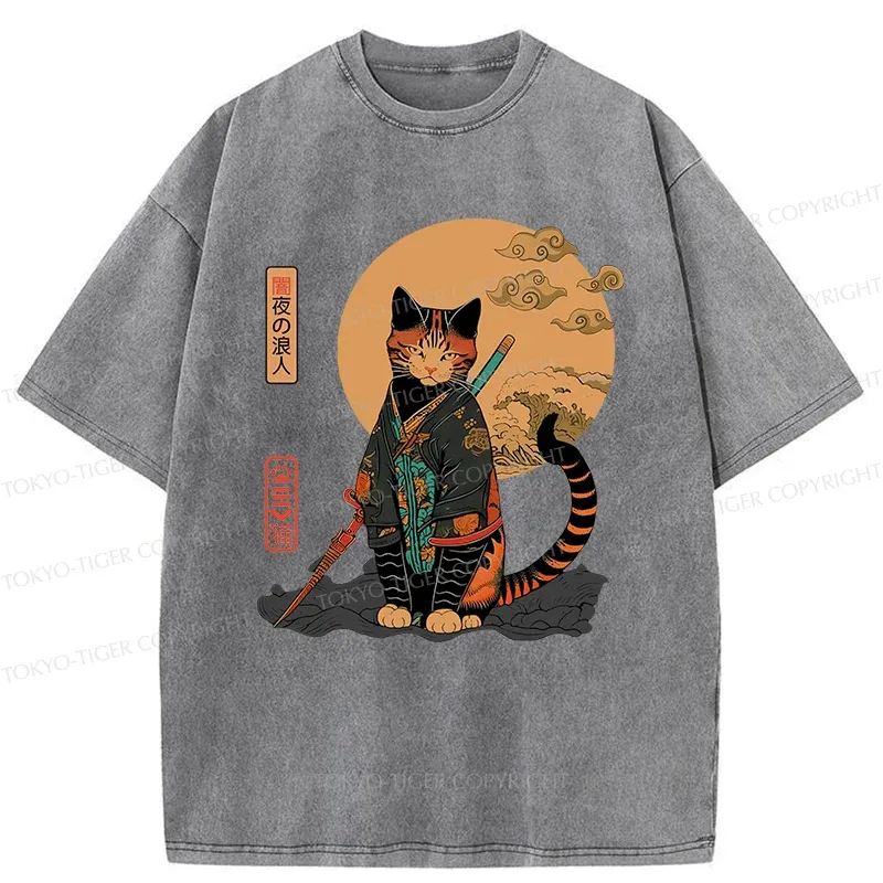 Tokyo-Tiger Retro Cat Samurai Washed T-Shirt