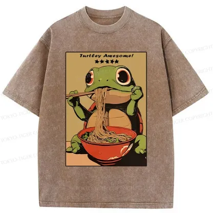 Tokyo-Tiger Turtle Eating Ramen Washed T-Shirt