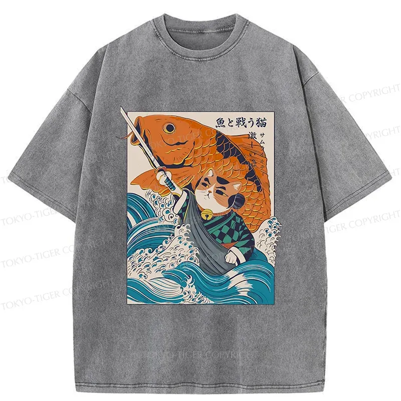 Tokyo-Tiger Samurai Cat And Goldfish Washed T-Shirt