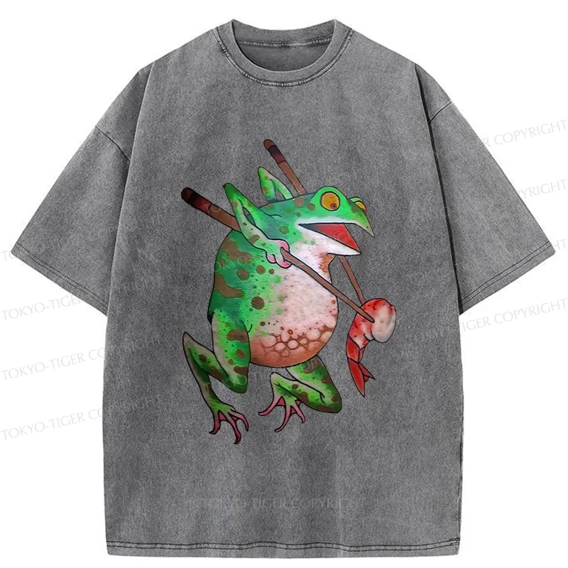 Tokyo-Tiger Funny Frog Picking Up Shrimp Washed T-Shirt