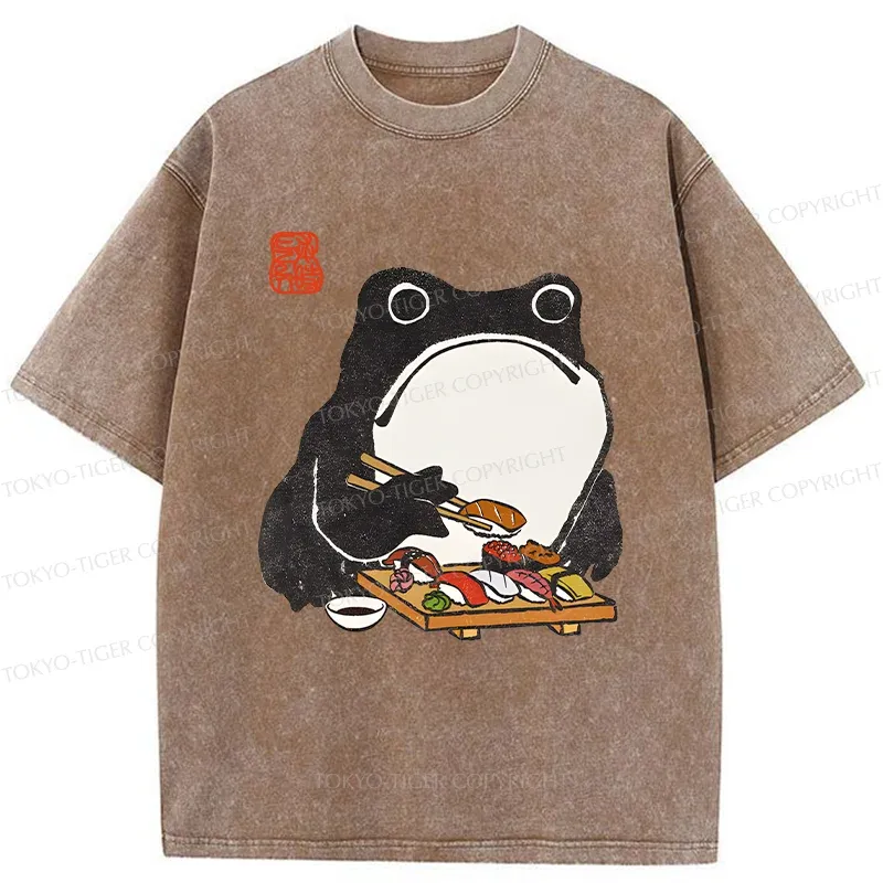 Tokyo-Tiger Frog Eating Sushi Washed T-Shirt