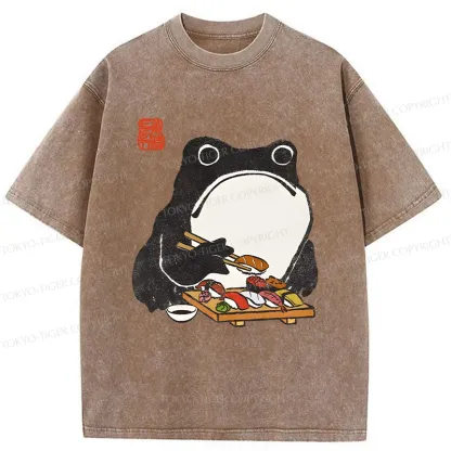 Tokyo-Tiger Frog Eating Sushi Washed T-Shirt