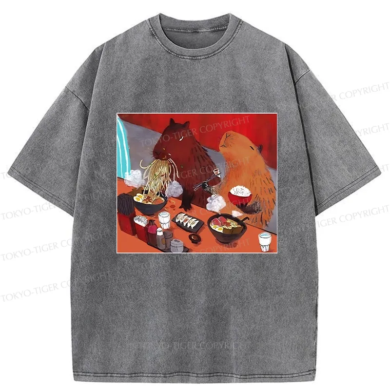 Tokyo-Tiger Ramen Lovers Capybara Funny Washed T-Shirt