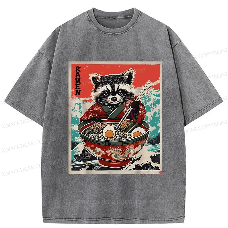 Tokyo-Tiger Ramen-loving Raccoon Washed T-Shirt