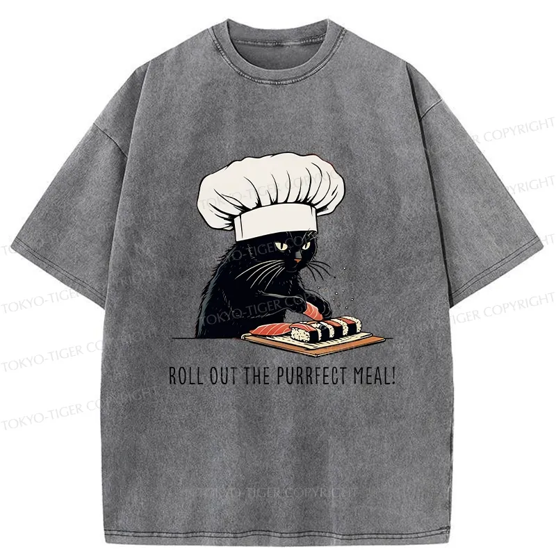 Tokyo-Tiger Roll Out The Purrfect Meal Washed T-Shirt