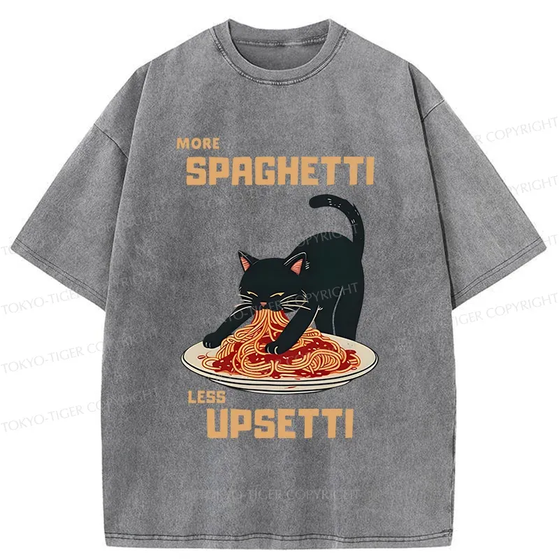 Tokyo-Tiger Cat Eating Spaghetti Washed T-Shirt
