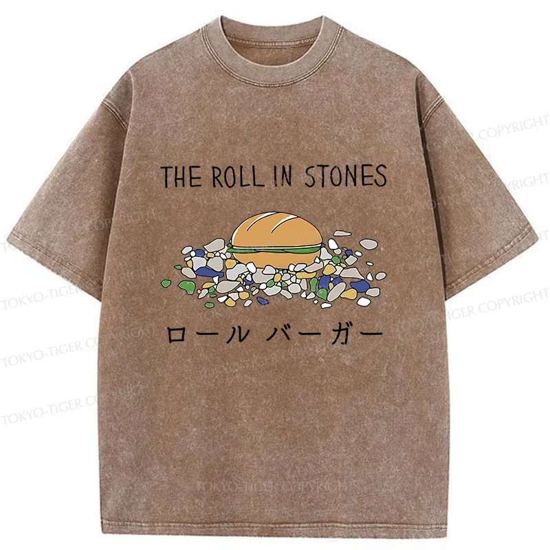 Tokyo-Tiger Rolling Hamburger Funny Washed T-Shirt