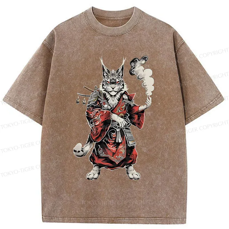 Tokyo-Tiger Fierce Cat Japanese Samurai Washed T-Shirt