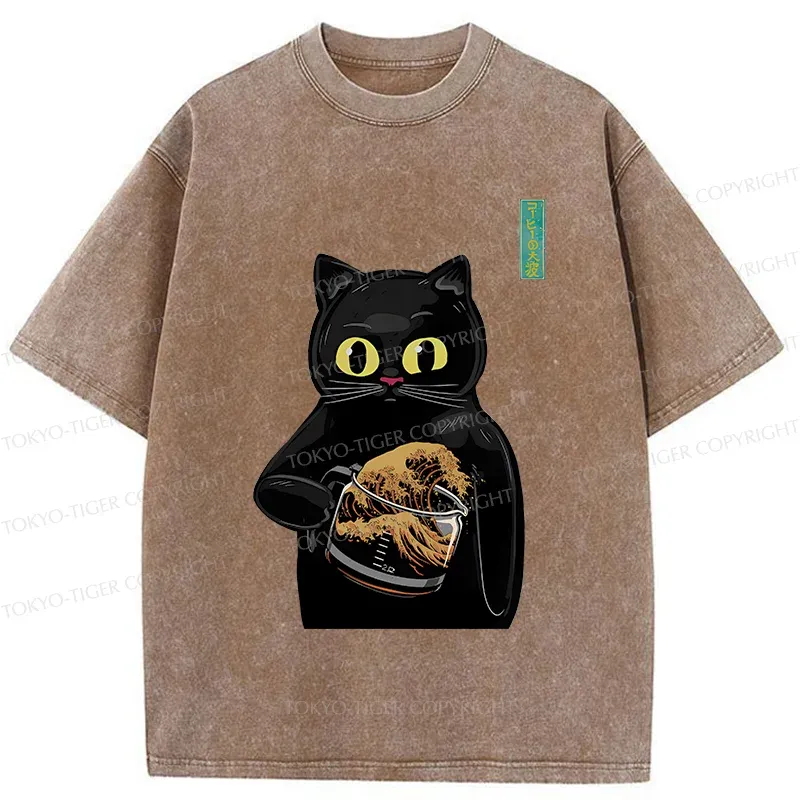 Tokyo-Tiger Black Cat Holding Coffee Washed T-Shirt