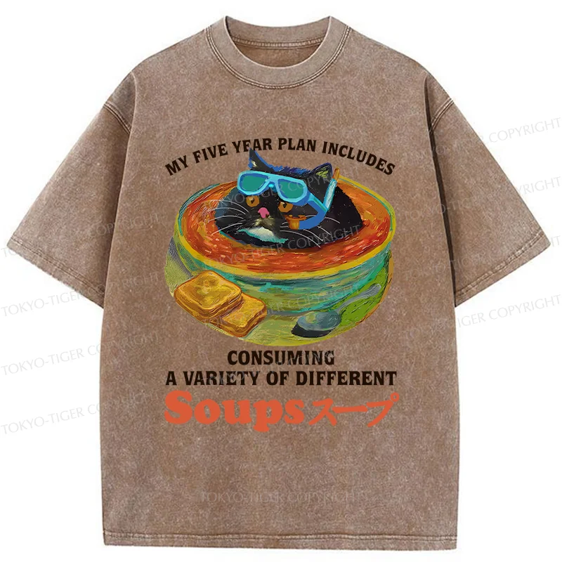 Tokyo-Tiger Cat Drinking Soup Washed T-Shirt