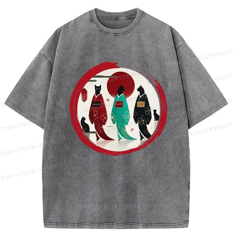 Tokyo-Tiger Black Cat Geisha Washed T-Shirt