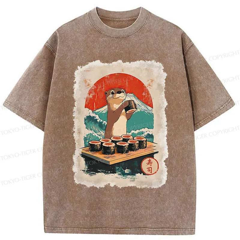 Tokyo-Tiger Otter Eating Sushi Washed T-Shirt
