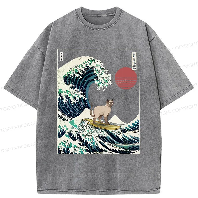 Tokyo-Tiger Siamese Cat Surfing Washed T-Shirt