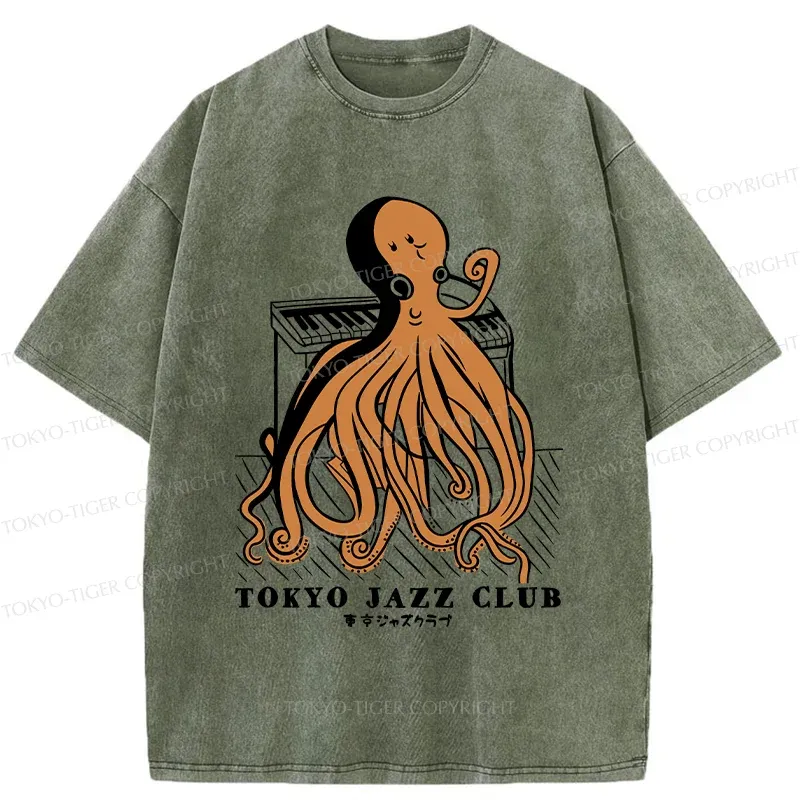 Tokyo-Tiger Octopus Playing Piano Washed T-Shirt