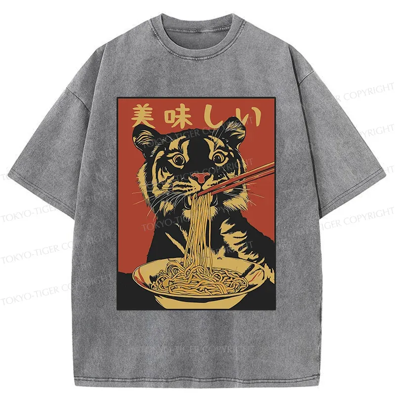 Tokyo-Tiger Tiger Eating Delicious Ramen Washed T-Shirt