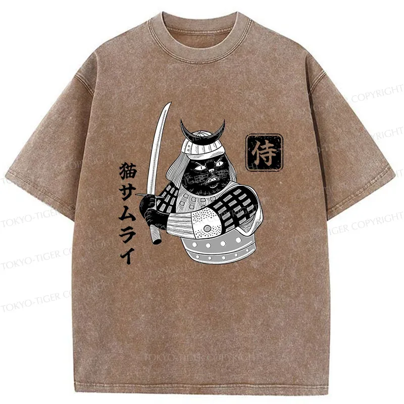 Tokyo-Tiger Cat Samurai With Sword Washed T-Shirt