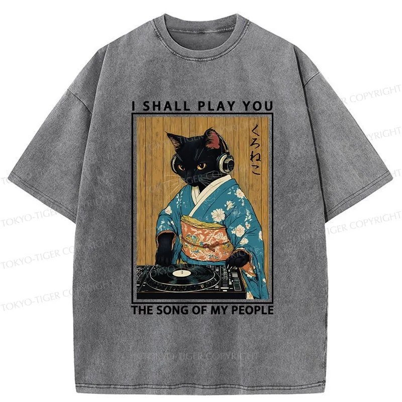Tokyo-Tiger Funny Playing Music Black Cat Washed T-Shirt