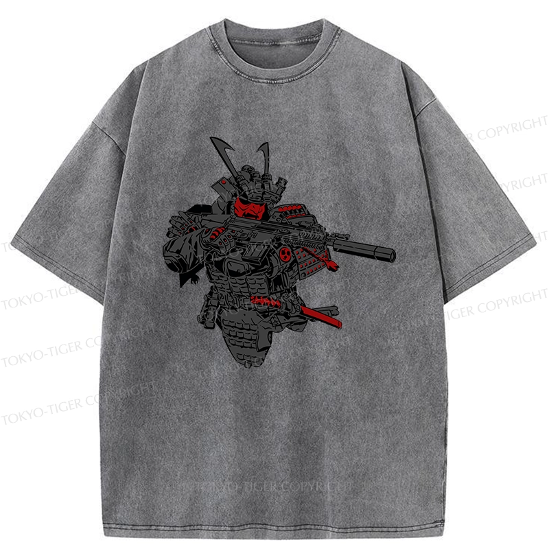 Tokyo-Tiger Samurai Holding A Gun Washed T-Shirt