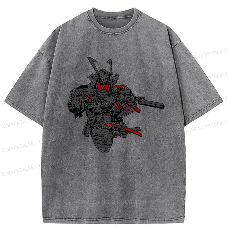 Tokyo-Tiger Samurai Holding A Gun Washed T-Shirt