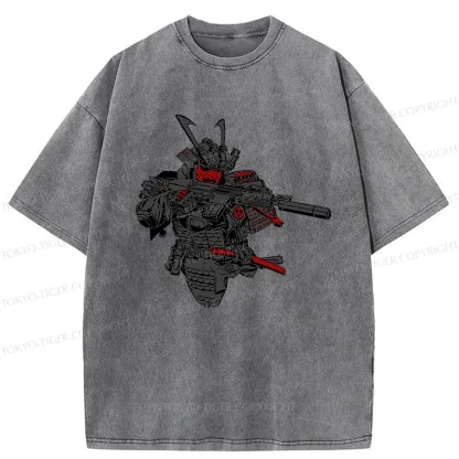 Tokyo-Tiger Samurai Holding A Gun Washed T-Shirt
