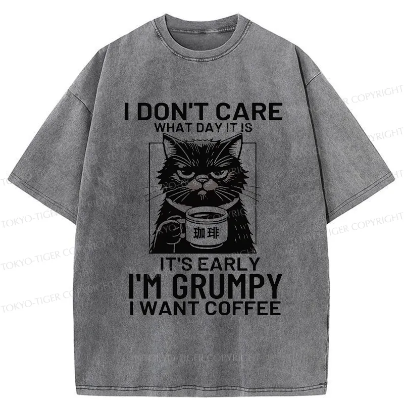 Tokyo-Tiger Funny Grumpy Cat Washed T-Shirt