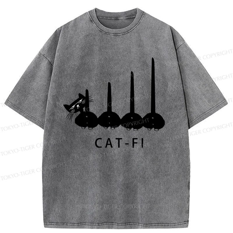 Tokyo-Tiger Funny CAT-FI Washed T-Shirt