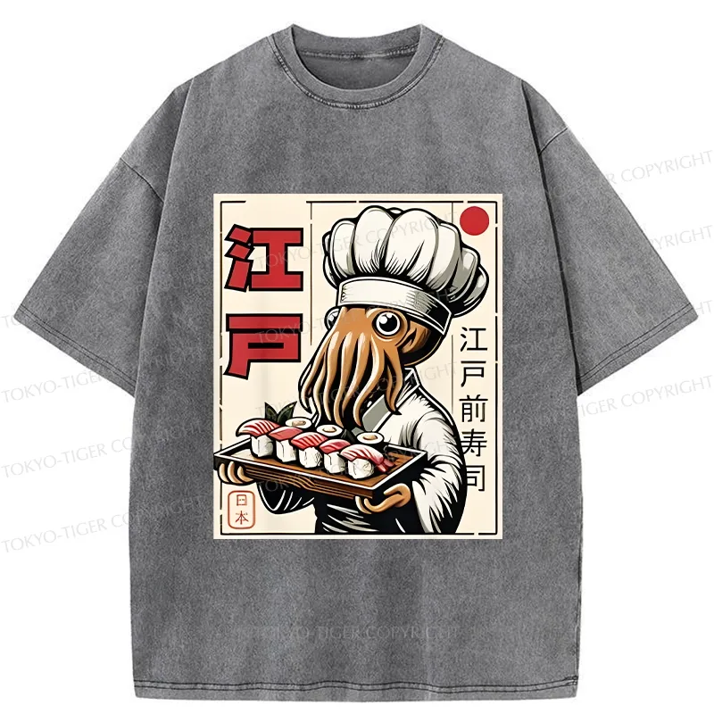 Tokyo-Tiger Octopus Chef Making Sushi Washed T-Shirt