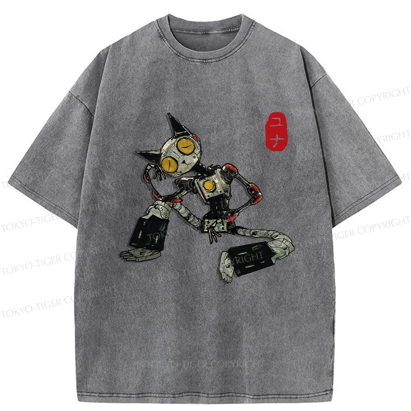 Tokyo-Tiger Contemplative Robot Cat Washed T-Shirt