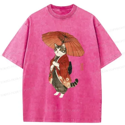 Tokyo-Tiger Elegant Cat Holding Umbrella Washed T-Shirt